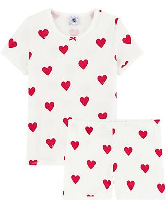 Petit Bateau Set Pigiama - Maglia/Pantalone Corto - Bianco - Cuori - Cotone Organico Accessori per Capelli