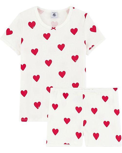 Petit Bateau Set Pigiama - Maglia/Pantalone Corto - Bianco - Cuori - Cotone Organico Pigiami