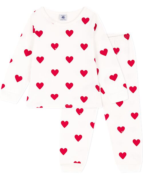 Petit Bateau Set Pigiama - Maglia/Pantalone - Cuori - Bianco e Rosso - 100% Cotone Felpato Pigiami