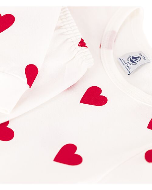 Petit Bateau Set Pigiama - Maglia/Pantalone - Cuori - Bianco e Rosso - 100% Cotone Felpato Pigiami