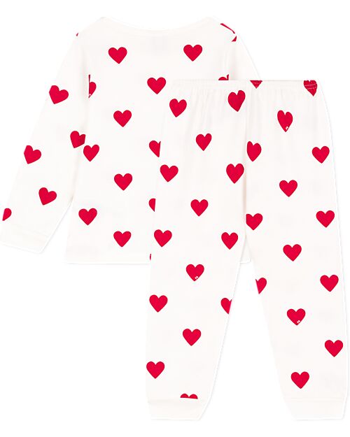 Petit Bateau Set Pigiama - Maglia/Pantalone - Cuori - Bianco e Rosso - 100% Cotone Felpato Pigiami