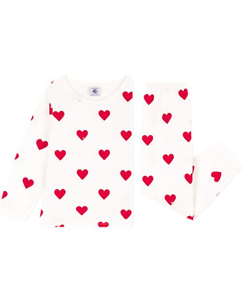 Petit Bateau Set Pigiama - Maglia/Pantalone - Cuori - Bianco e Rosso - 100% Cotone Felpato Pigiami