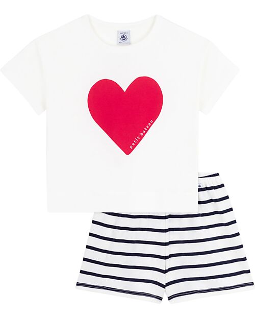 Petit Bateau Set Pigiama - Maglia/Pantalone - Cuori - Bianco Rosso e Blu - 100% Cotone Pigiami