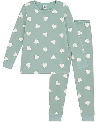 Petit Bateau Set Pigiama - Maglia/Pantalone - Cuori - Verde - 100% Cotone Bio Felpato Pigiami