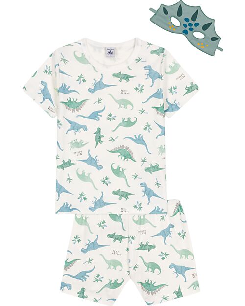 Petit Bateau Set Pigiama - Maglia/Pantalone + Maschera - Dinosauri - Bianco - 100% Cotone Pigiami