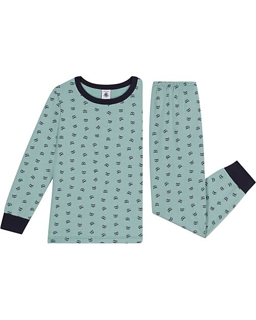 Petit Bateau Set Pigiama - Maglia/Pantalone - Orsetto Lavatore - Verde Acqua - 100% Cotone Felpato Pigiami