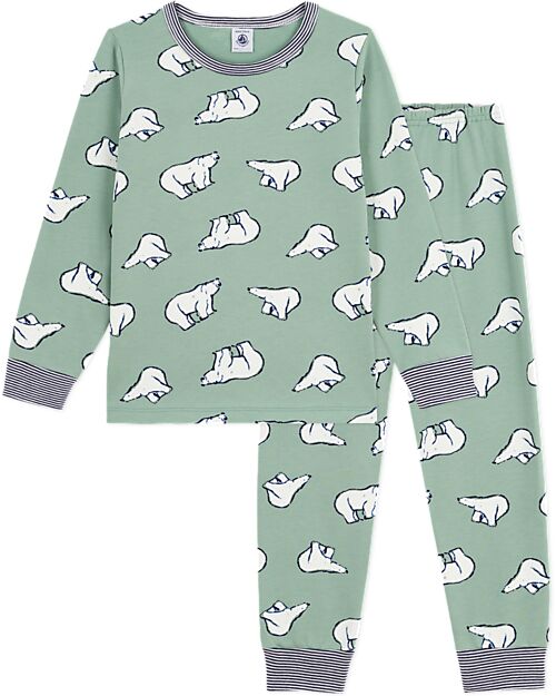 Petit Bateau Set Pigiama - Maglia/Pantalone - Orsi Polari - Verde Salvia - 100% Cotone Felpato Pigiami