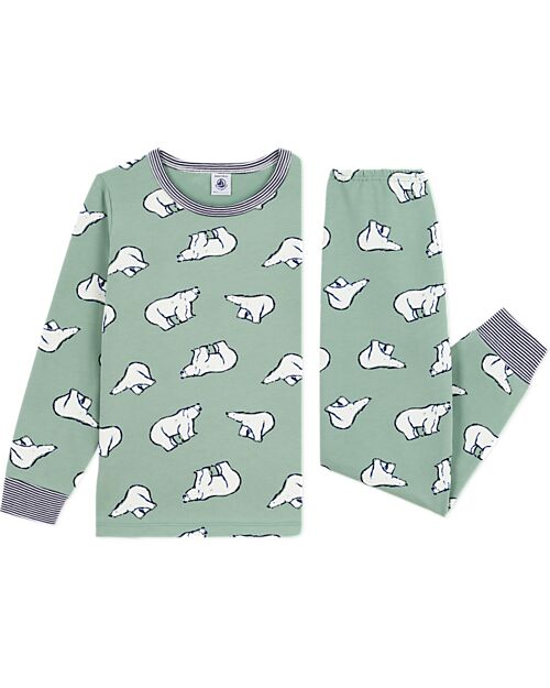 Petit Bateau Set Pigiama - Maglia/Pantalone - Orsi Polari - Verde Salvia - 100% Cotone Felpato Pigiami