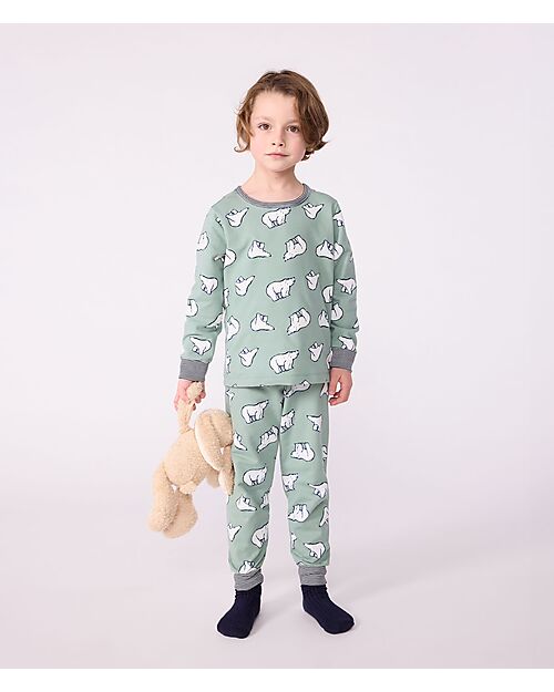 Petit Bateau Set Pigiama - Maglia/Pantalone - Orsi Polari - Verde Salvia - 100% Cotone Felpato Pigiami