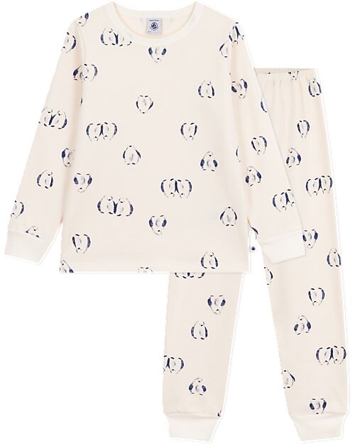 Petit Bateau Set Pigiama - Maglia/Pantalone - Pinguini - Bianco Latte - 100% Cotone Felpato Pigiami