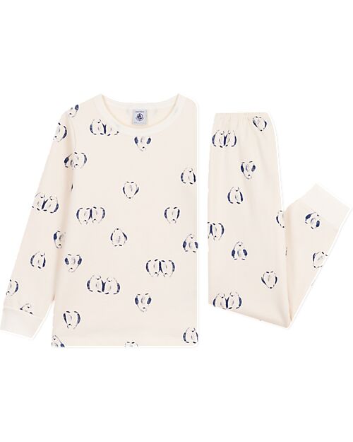 Petit Bateau Set Pigiama - Maglia/Pantalone - Pinguini - Bianco Latte - 100% Cotone Felpato Pigiami