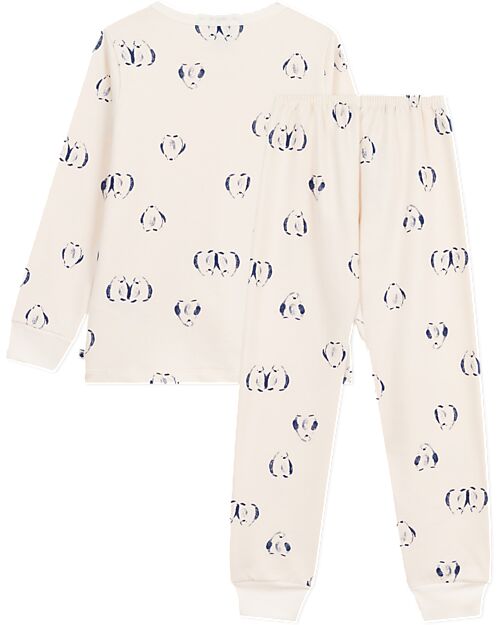 Petit Bateau Set Pigiama - Maglia/Pantalone - Pinguini - Bianco Latte - 100% Cotone Felpato Pigiami