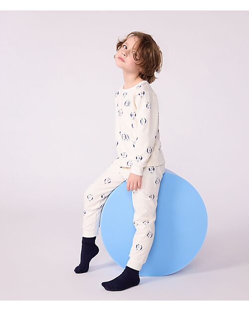 Petit Bateau Set Pigiama - Maglia/Pantalone - Pinguini - Bianco Latte - 100% Cotone Felpato Pigiami