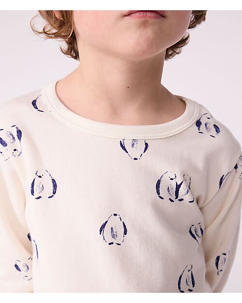 Petit Bateau Set Pigiama - Maglia/Pantalone - Pinguini - Bianco Latte - 100% Cotone Felpato Pigiami