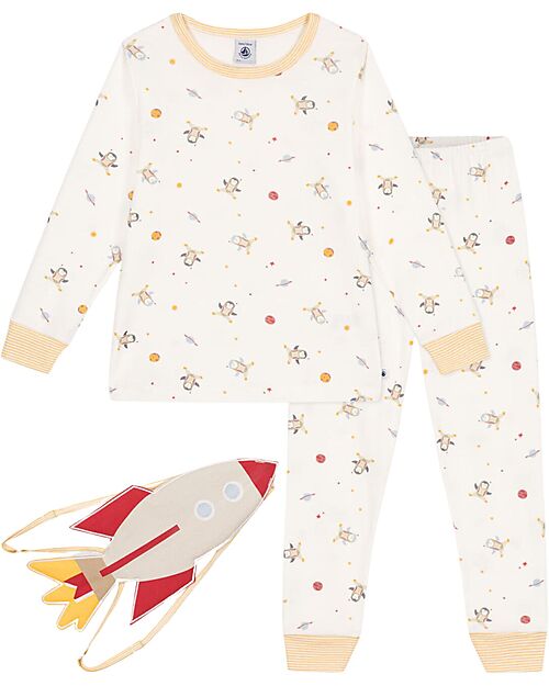 Petit Bateau Set Pigiama - Maglia/Pantalone + Razzo - Spazio - Bianco e Marshmallow - 100% Cotone Pigiami