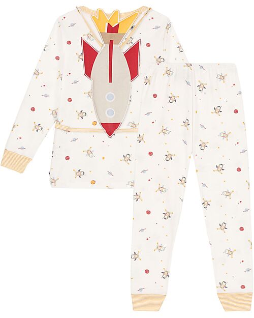 Petit Bateau Set Pigiama - Maglia/Pantalone + Razzo - Spazio - Bianco e Marshmallow - 100% Cotone Pigiami
