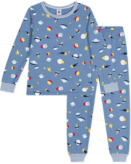 Petit Bateau Set Pigiama - Maglia/Pantalone - Spazio - Azzurro - 100% Cotone Felpato Pigiami