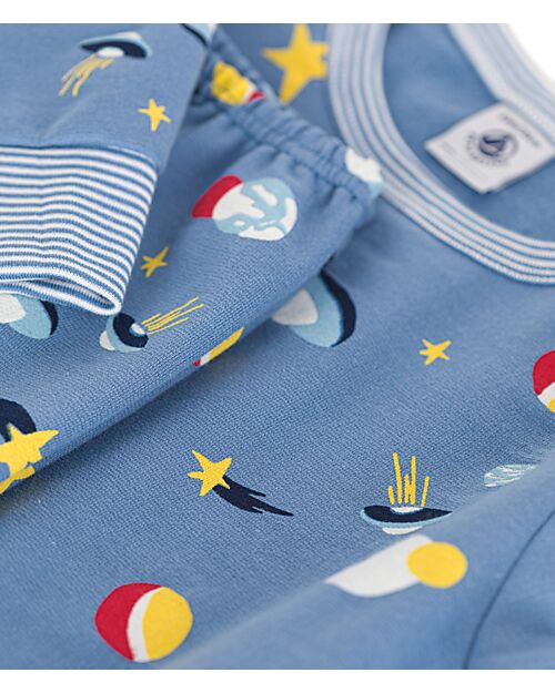 Petit Bateau Set Pigiama - Maglia/Pantalone - Spazio - Azzurro - 100% Cotone Felpato Pigiami