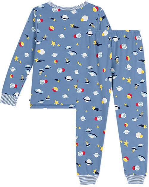 Petit Bateau Set Pigiama - Maglia/Pantalone - Spazio - Azzurro - 100% Cotone Felpato Pigiami