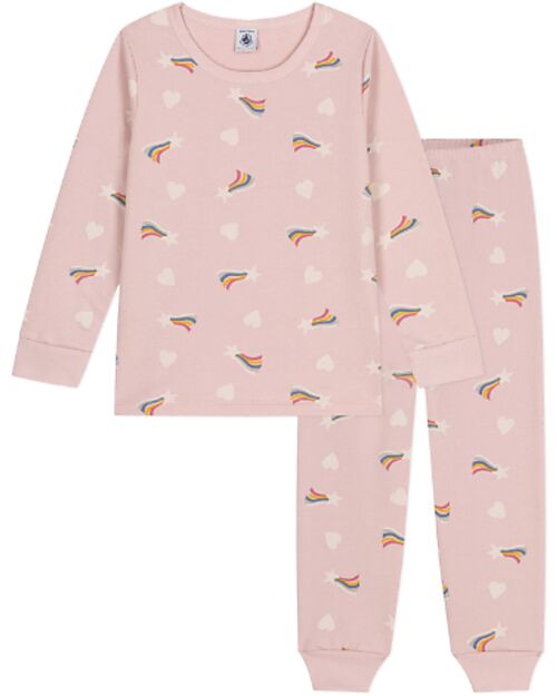 Petit Bateau Set Pigiama - Maglia/Pantalone - Stelle e Cuori - Rosa - 100% Cotone Felpato Pigiami
