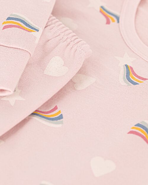 Petit Bateau Set Pigiama - Maglia/Pantalone - Stelle e Cuori - Rosa - 100% Cotone Felpato Pigiami