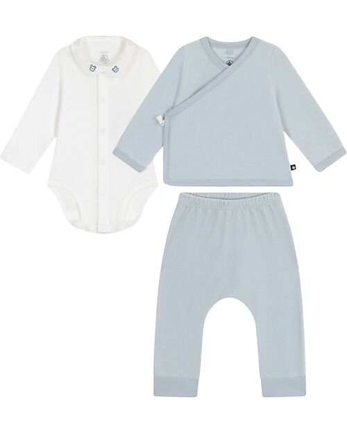 Petit Bateau Set regalo Nascita - Cardigan, Body e Pantaloni - Bianco e Azzurro - 100% Cotone Completi e Set
