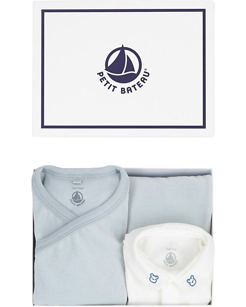 Petit Bateau Set regalo Nascita - Cardigan, Body e Pantaloni - Bianco e Azzurro - 100% Cotone Completi e Set