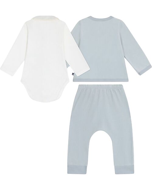 Petit Bateau Set regalo Nascita - Cardigan, Body e Pantaloni - Bianco e Azzurro - 100% Cotone Completi e Set