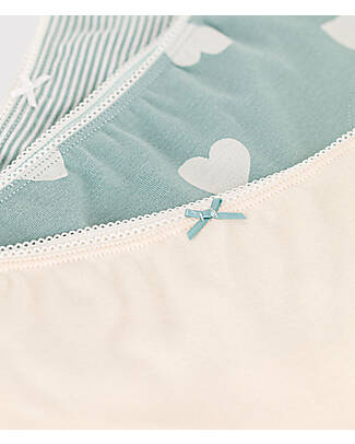 Petit Bateau Slip - Pacco da 3 - Crema/Verde con Cuori/Righe Verde - 100% Cotone Bio Slip