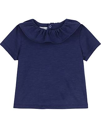 Petit Bateau T-shirt con Volant - Blu - con Bottoni a Pressione - Cotone Organico T-shirt