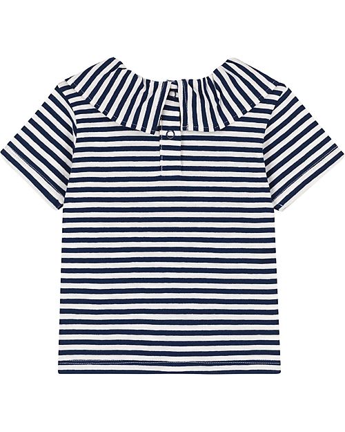 Petit Bateau T-shirt con Volant - Righe - Blu e Bianco - con Bottoni a Pressione - Cotone Organico T-shirt