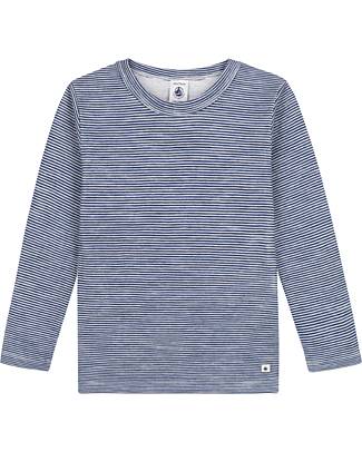 Petit Bateau T-Shirt Manica Lunga Millerighe - Blu/Bianco - Lana e Cotone Maglie Manica Lunga