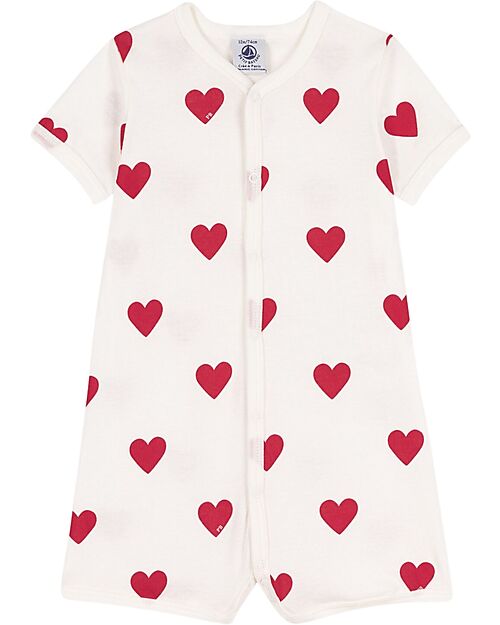 Petit Bateau Tutina Corta - Bianca - Cuori - 100% Cotone Organico Tutine Corte