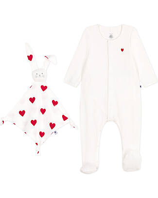 Petit Bateau Tutina Intera in Ciniglia + Doudou - Bianco - Cuori - 100% Cotone Tutine Lunghe
