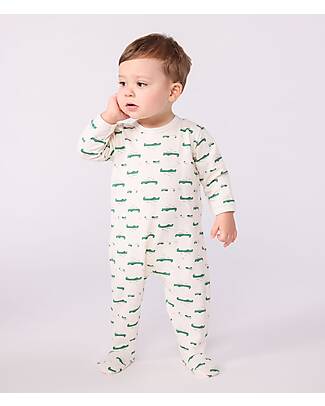 Petit Bateau Tutina Intera in Tessuto Felpato Spazzolato - Bianco con Coccodrilli - Aperto sulla Schiena - 100% Cotone Tutine Lunghe