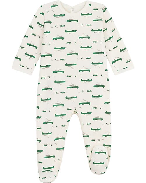 Petit Bateau Tutina Intera in Tessuto Felpato Spazzolato - Bianco con Coccodrilli - Aperto sulla Schiena - 100% Cotone Tutine Lunghe