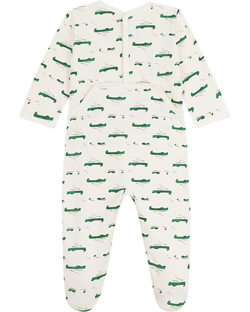 Petit Bateau Tutina Intera in Tessuto Felpato Spazzolato - Bianco con Coccodrilli - Aperto sulla Schiena - 100% Cotone Tutine Lunghe