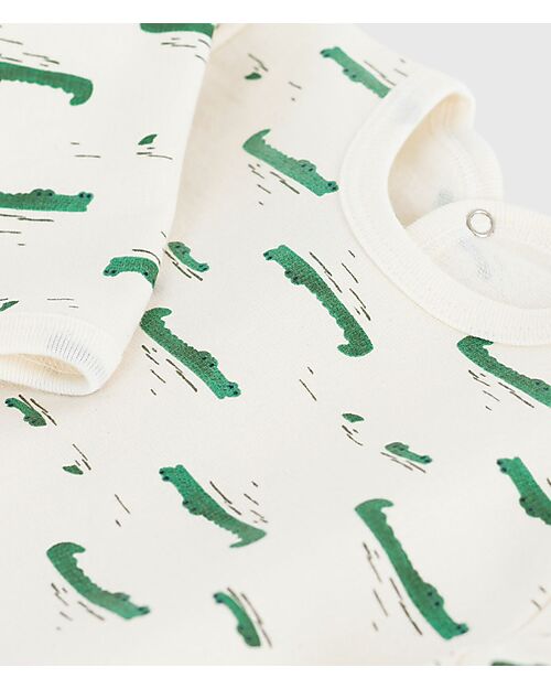 Petit Bateau Tutina Intera in Tessuto Felpato Spazzolato - Bianco con Coccodrilli - Aperto sulla Schiena - 100% Cotone Tutine Lunghe