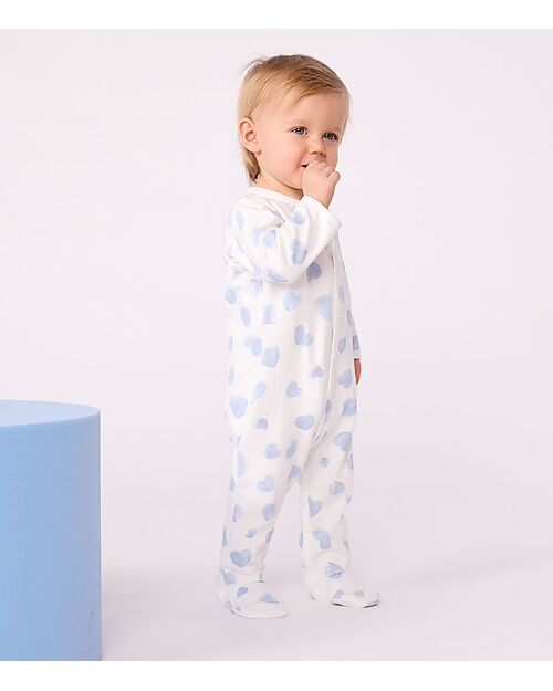 Petit Bateau Tutina Intera in Tessuto Felpato Spazzolato - Bianco con Cuori Azzurri - 100% Cotone Tutine Lunghe