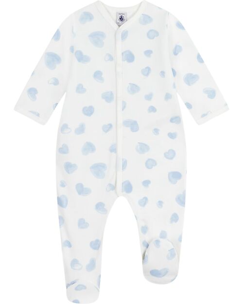 Petit Bateau Tutina Intera in Tessuto Felpato Spazzolato - Bianco con Cuori Azzurri - 100% Cotone Tutine Lunghe