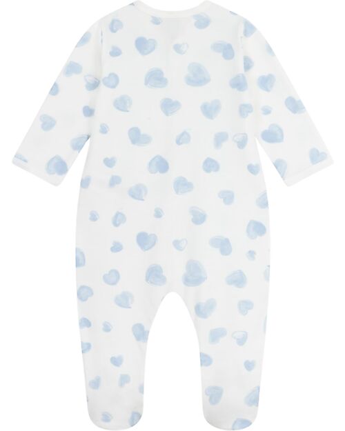 Petit Bateau Tutina Intera in Tessuto Felpato Spazzolato - Bianco con Cuori Azzurri - 100% Cotone Tutine Lunghe
