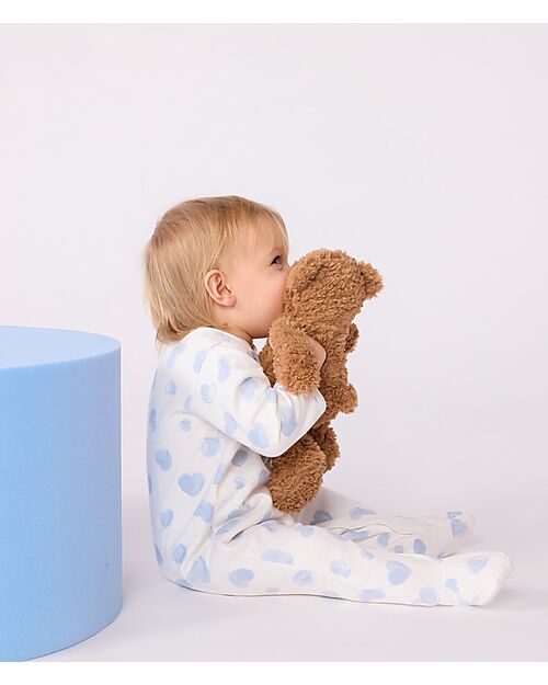 Petit Bateau Tutina Intera in Tessuto Felpato Spazzolato - Bianco con Cuori Azzurri - 100% Cotone Tutine Lunghe