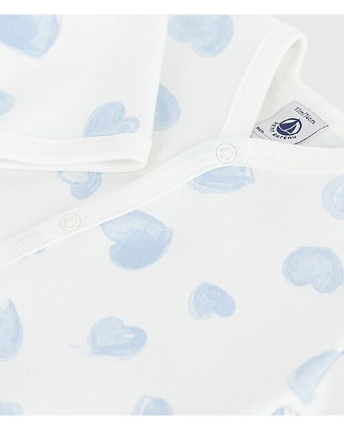 Petit Bateau Tutina Intera in Tessuto Felpato Spazzolato - Bianco con Cuori Azzurri - 100% Cotone Tutine Lunghe