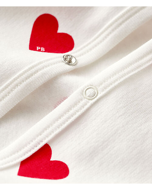 Petit Bateau Tutina Intera Manica Lunga - con Piedini - Bianca - Cuori - 100% Cotone Bio Tutine Lunghe