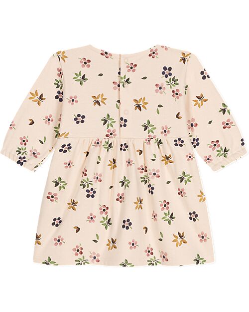 Petit Bateau Vestito Maniche Lunghe con Voulant - Crema - Fiori - 100% Cotone Vestiti_