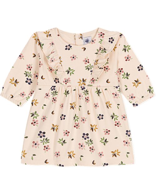 Petit Bateau Vestito Maniche Lunghe con Voulant - Crema - Fiori - 100% Cotone Vestiti_