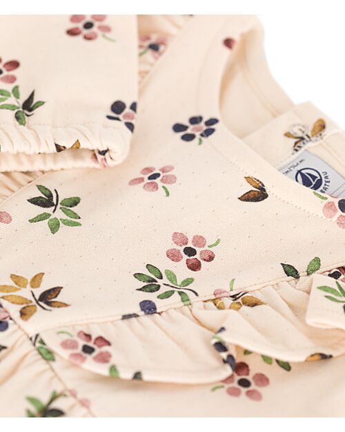 Petit Bateau Vestito Maniche Lunghe con Voulant - Crema - Fiori - 100% Cotone Vestiti_