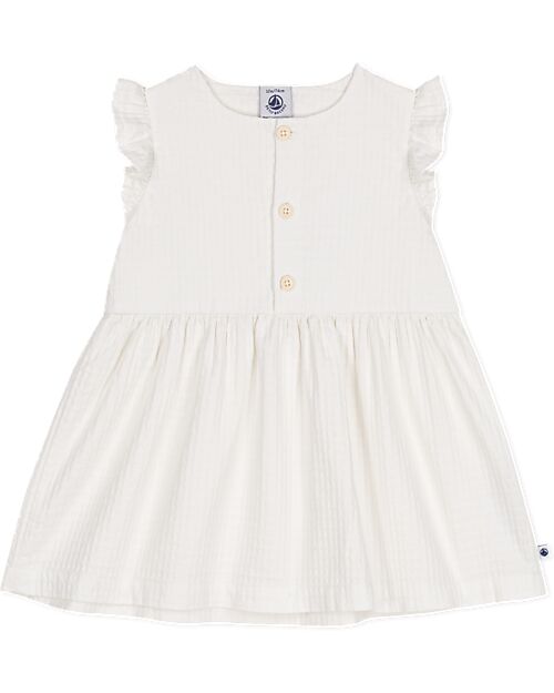 Petit Bateau Vestito Smanicato con Voulant - Bianco - Taglio Svasato - Cotone Bio Vestiti_