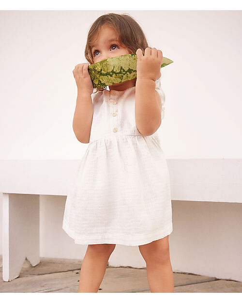 Petit Bateau Vestito Smanicato con Voulant - Bianco - Taglio Svasato - Cotone Bio Vestiti_