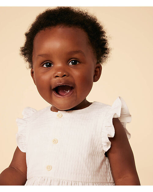 Petit Bateau Vestito Smanicato con Voulant - Bianco - Taglio Svasato - Cotone Bio Vestiti_